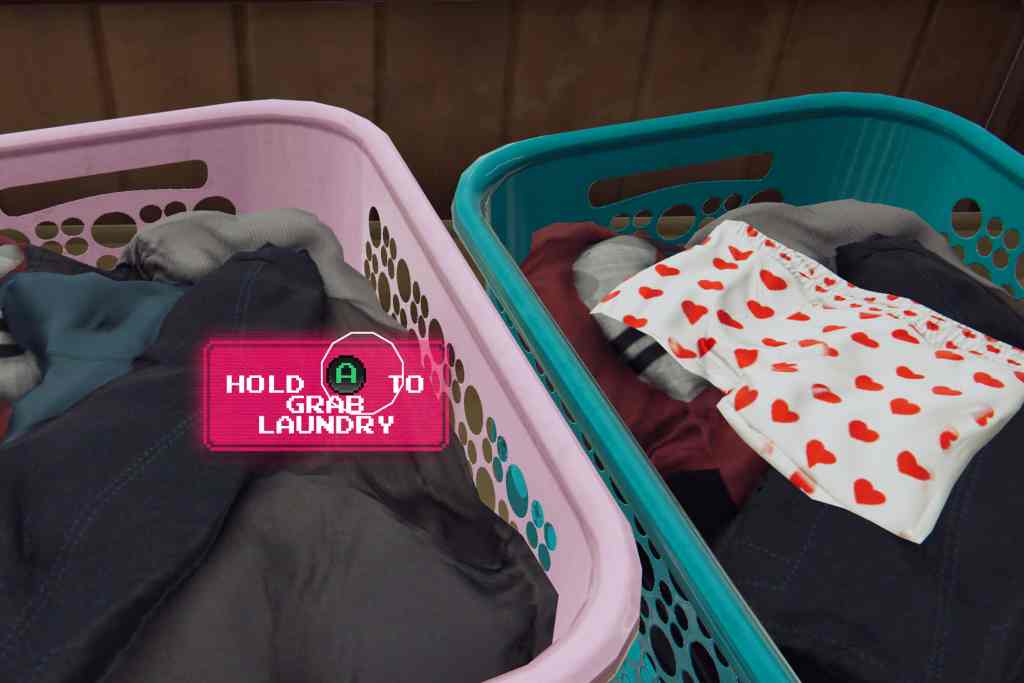A screenshot of "Arcade Paradise" with baskets of laundry. The text reads "Hold A to grab laundry."