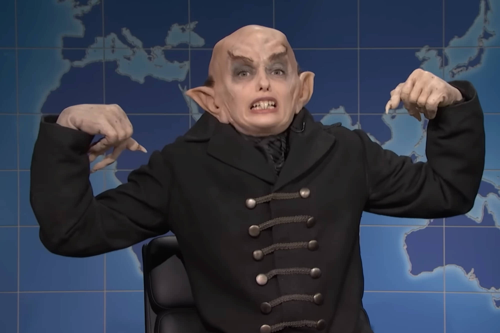 a screenshot of an "SNL" cast member dressed as Nosferatu.