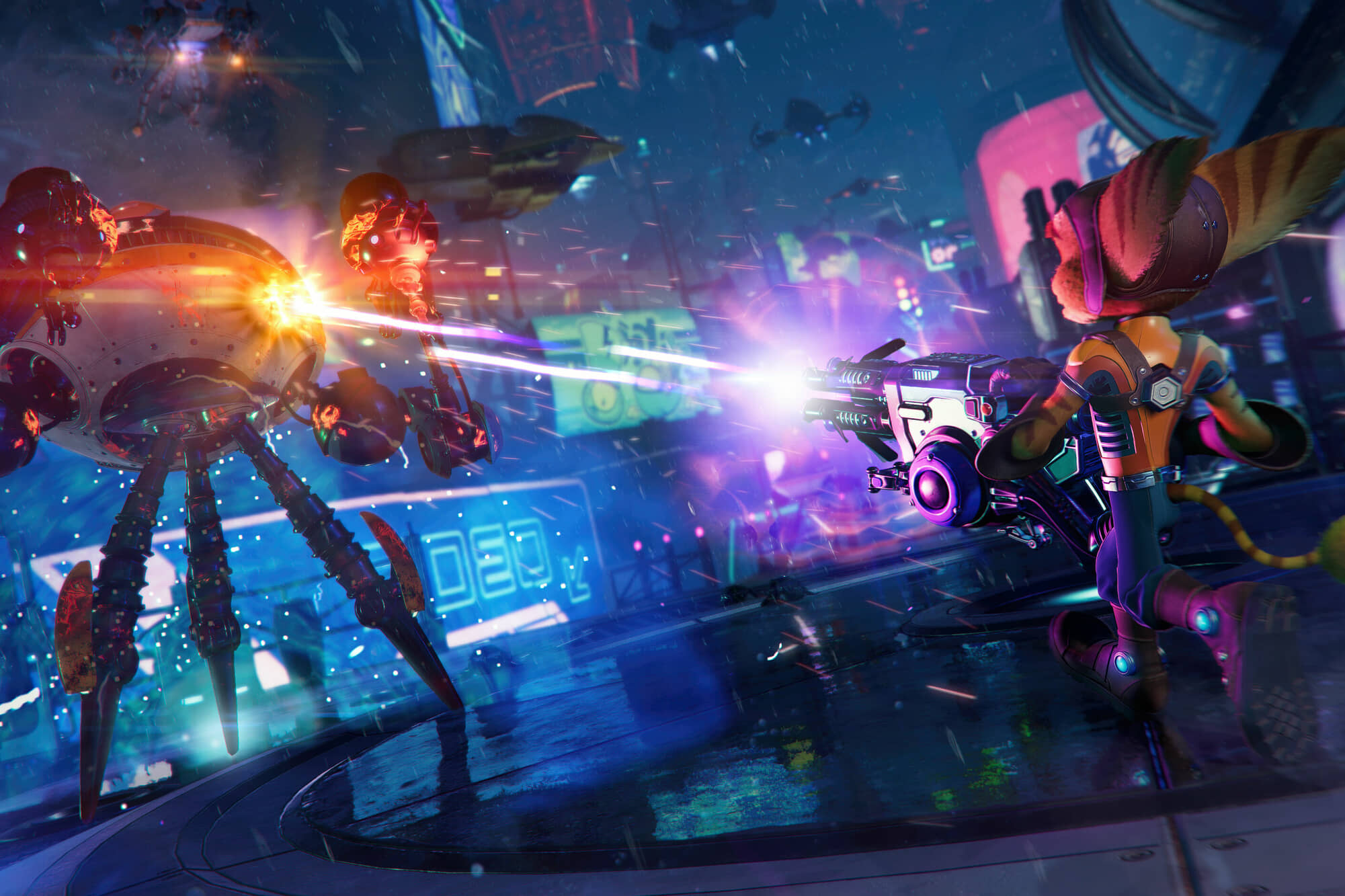 A screenshot of "Ratchet & Clank: Rift Apart" with Ratchet shooting a robot.