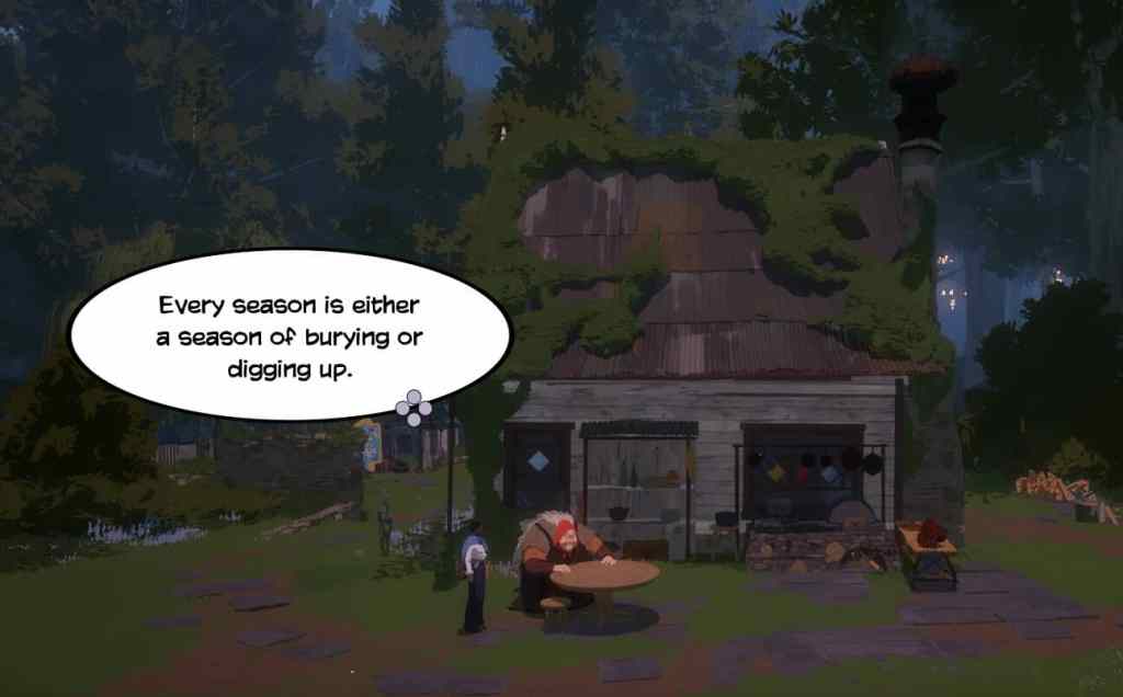 A screenshot of "Season" showing a house with two women outside of it. There is a dialogue bubble that reads "Every season is either a season of burying or digging up."