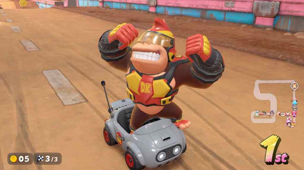 screenshot of "mario kart world" with donkey kong posing in a kart