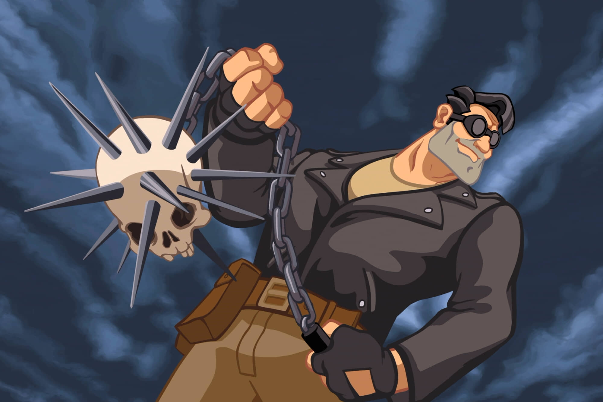 Ben from "Full Throttle" holding a flail made from a human skull.