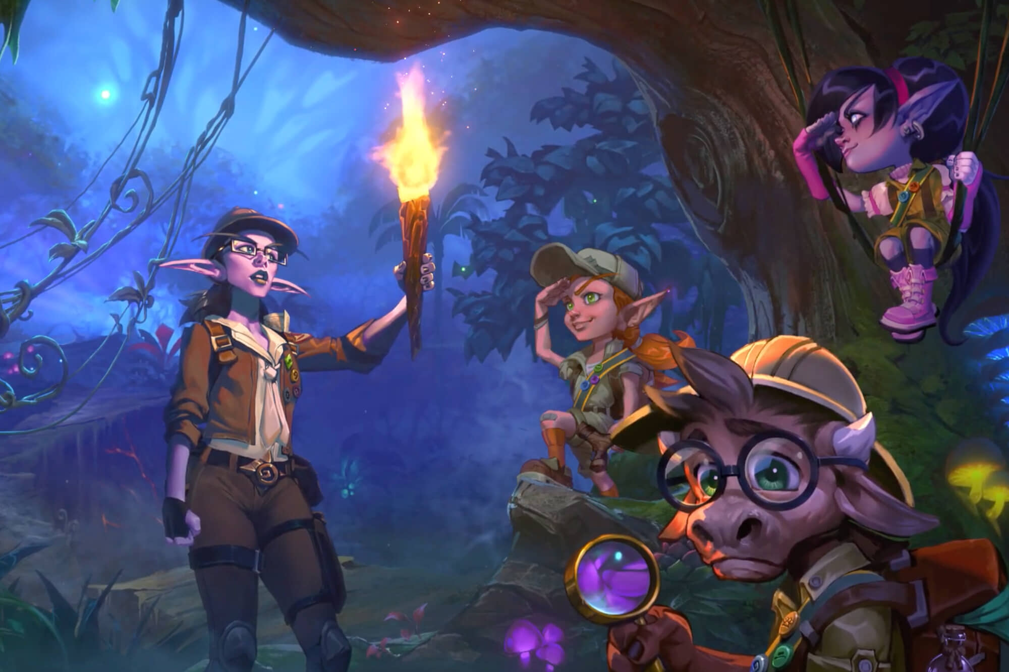 an elf hold a torch while various young creatures in scouting uniforms look on
