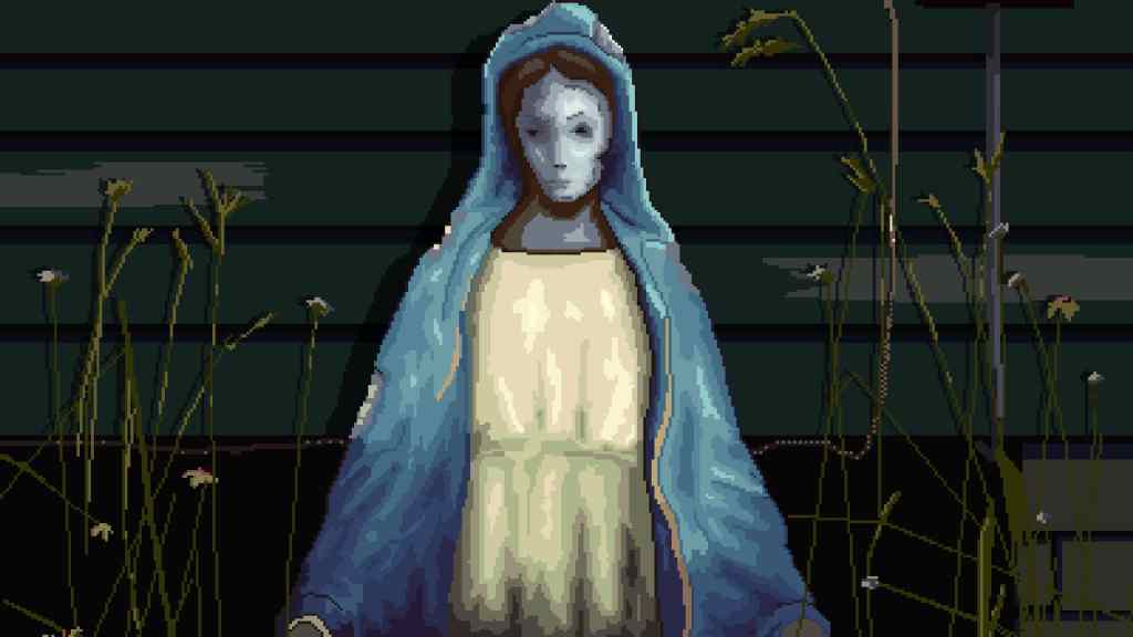 a pixelated religious figure with empty eyes and a blue cloack 
