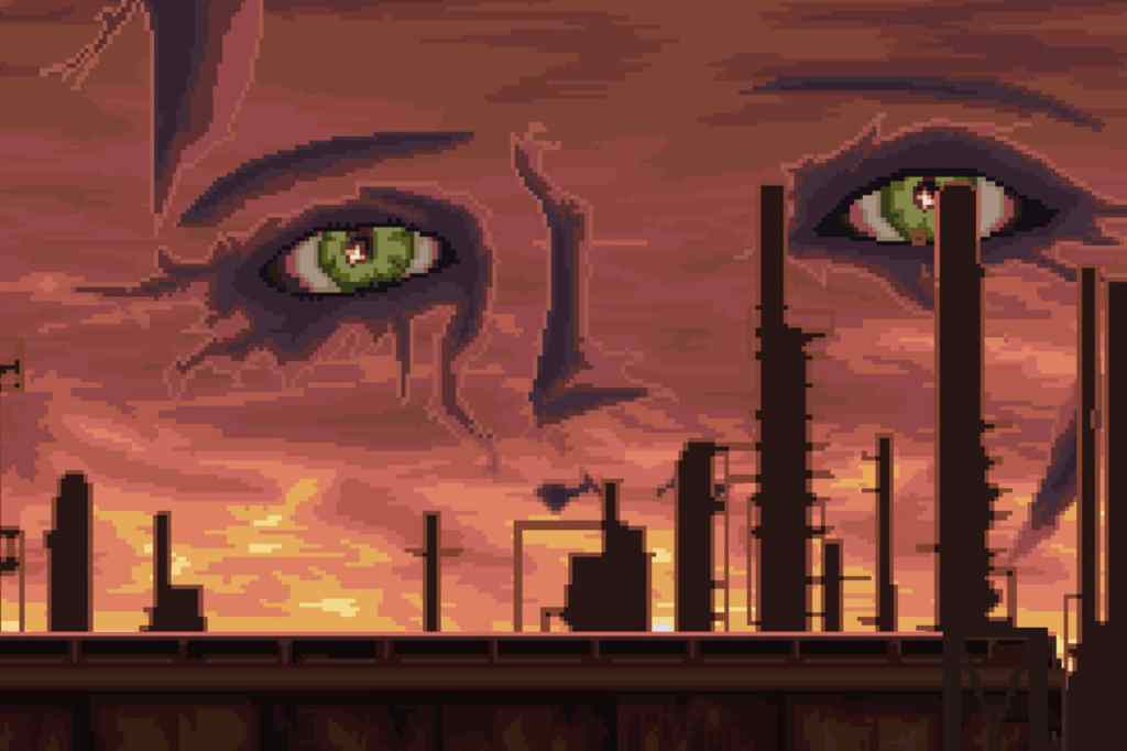 a human face in the sky with oil refinery stacks closer to the camera
