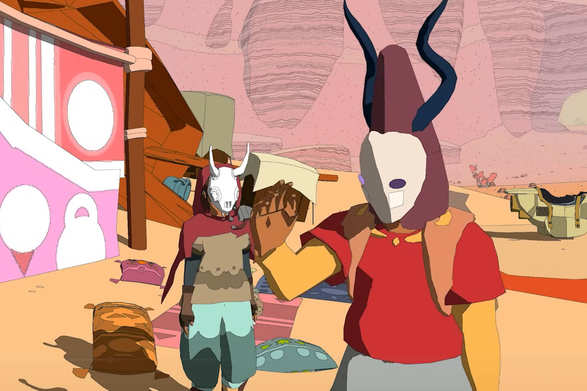 Two people with masks look at the camera