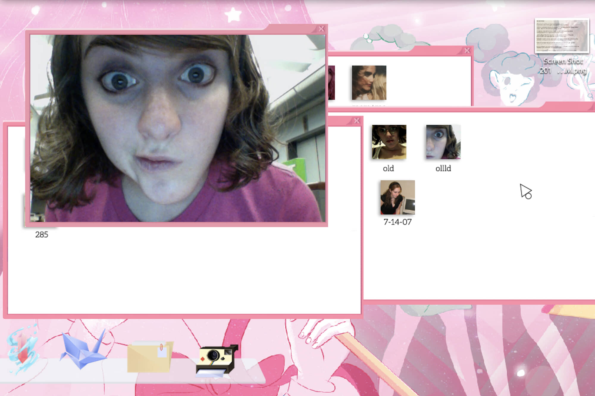 screenshot from "Cibele," showing a fake PC desktop and a picture of Nina Freeman.