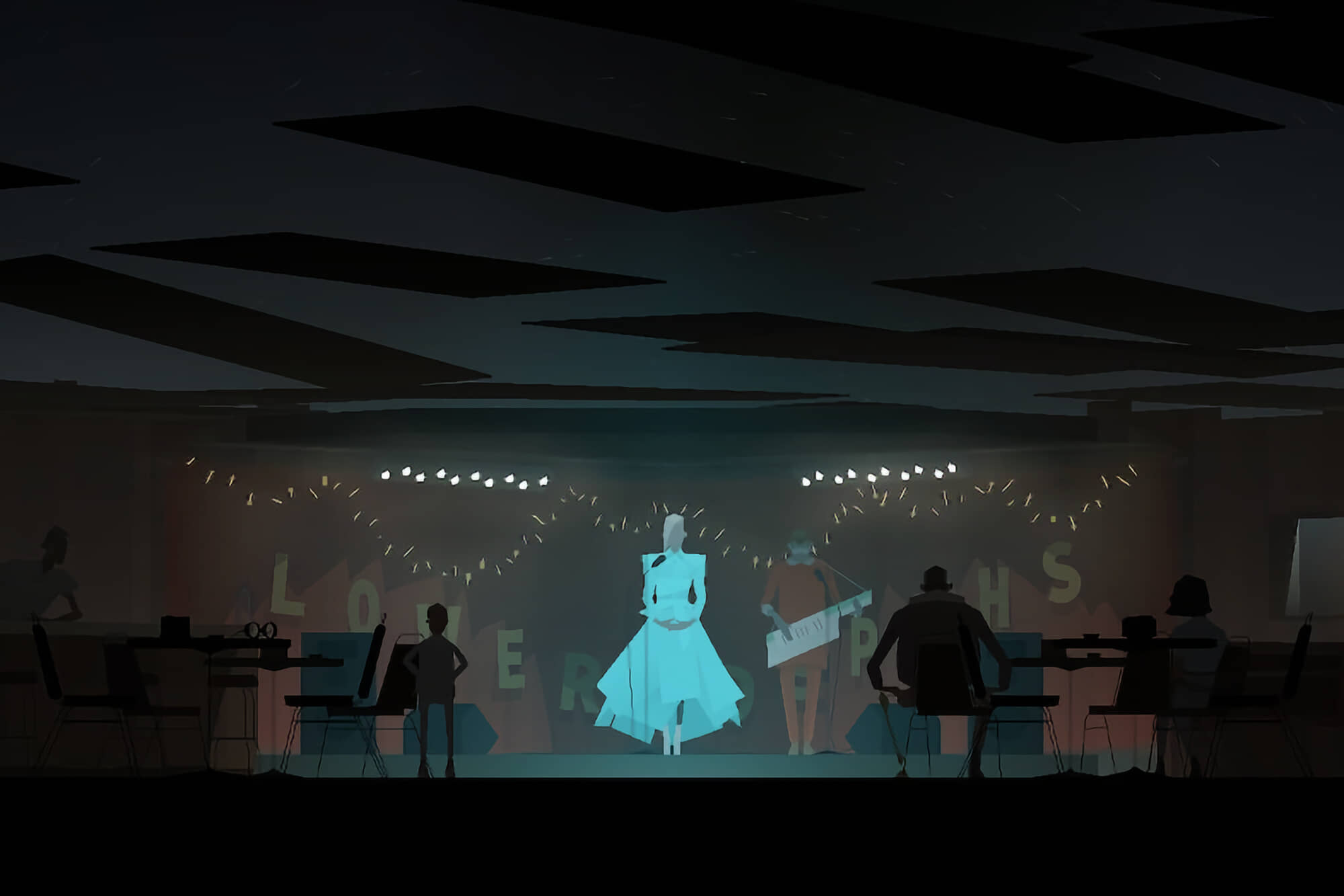 screenshot from "Kentucky Route Zero" of the infamous performance of Junebug
