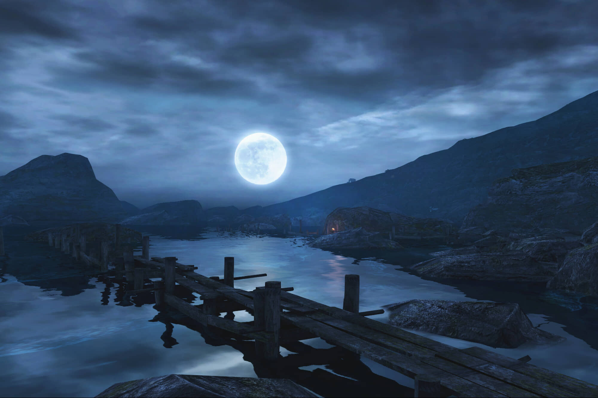 screenshot of "Dear Esther" featuring a dock and the moon