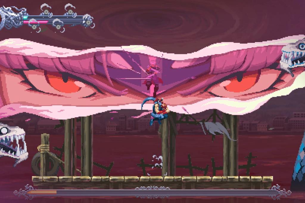screenshot of "Ninja Gaiden: Ragebound" with huge eyes and weird snakes