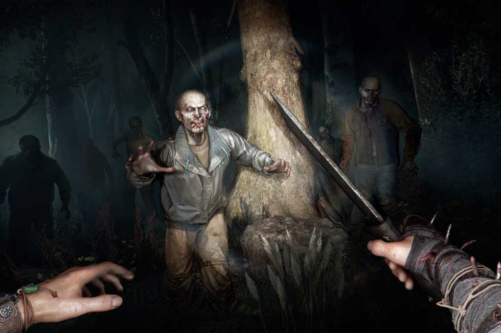 screenshot of "dying light the beast" with a zombie and someone holding a machete