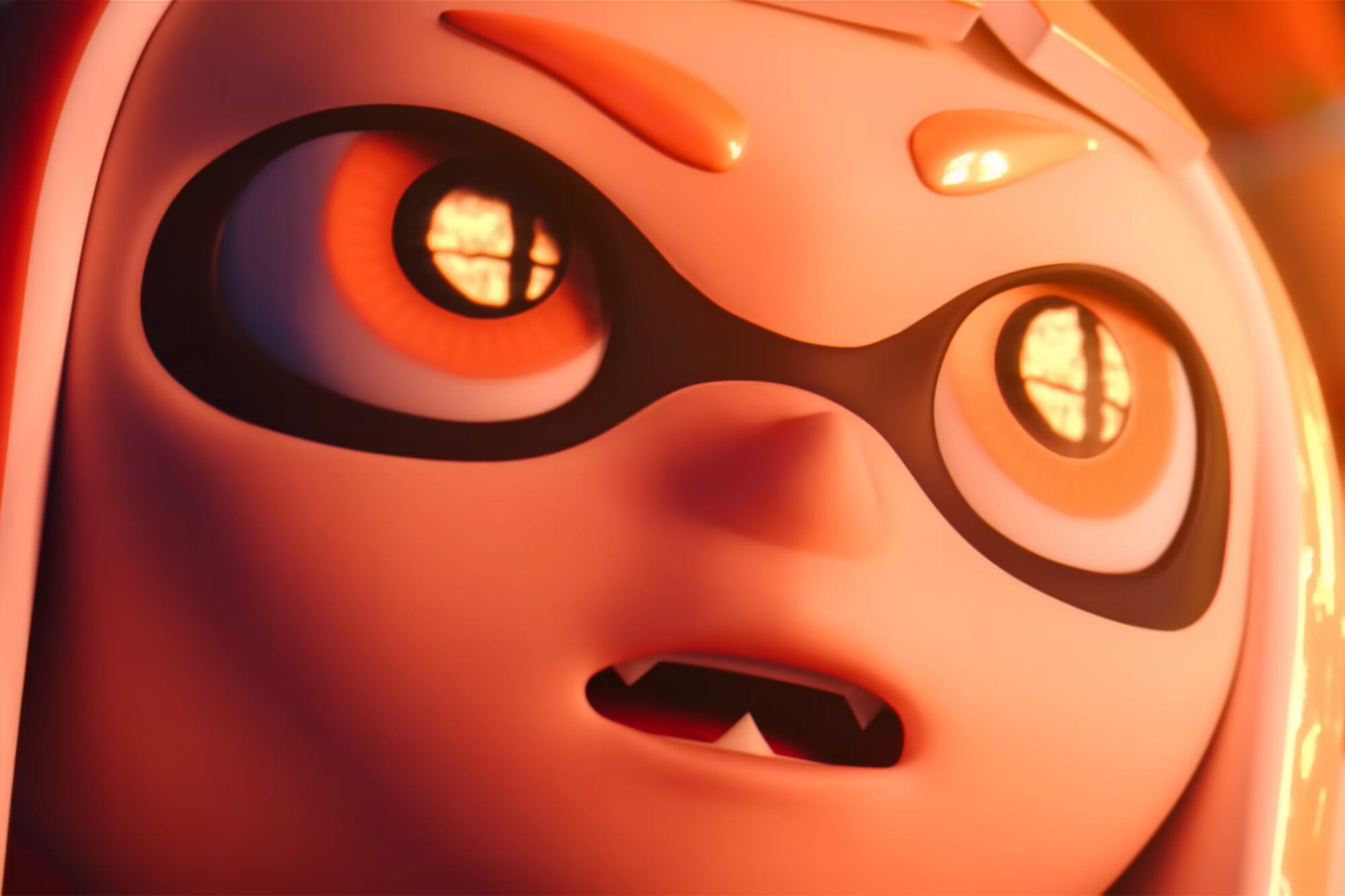 the inkling with a burning "Smash" logo reflected in their eyes