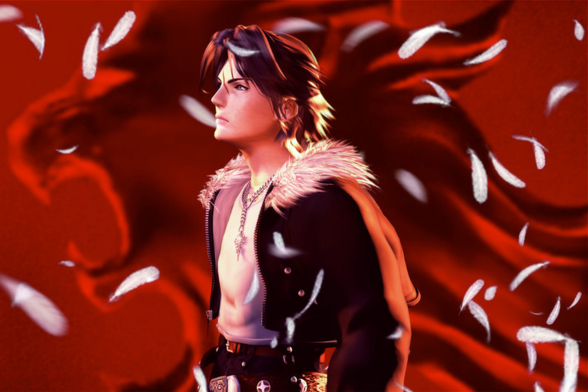 Squall in front of a red background while feathers fall