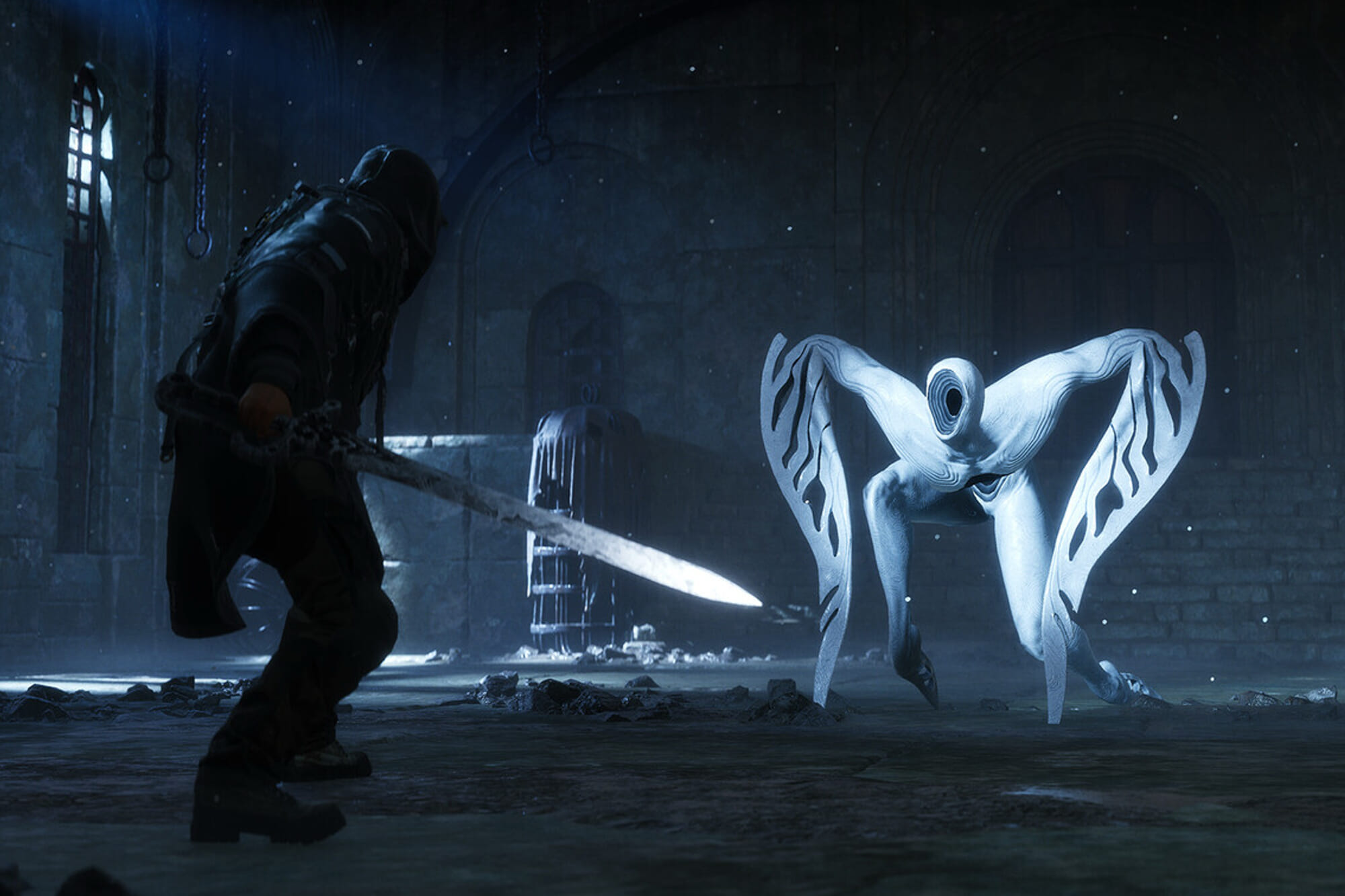 Man with a blade fighting a white beast with a hole in its face.